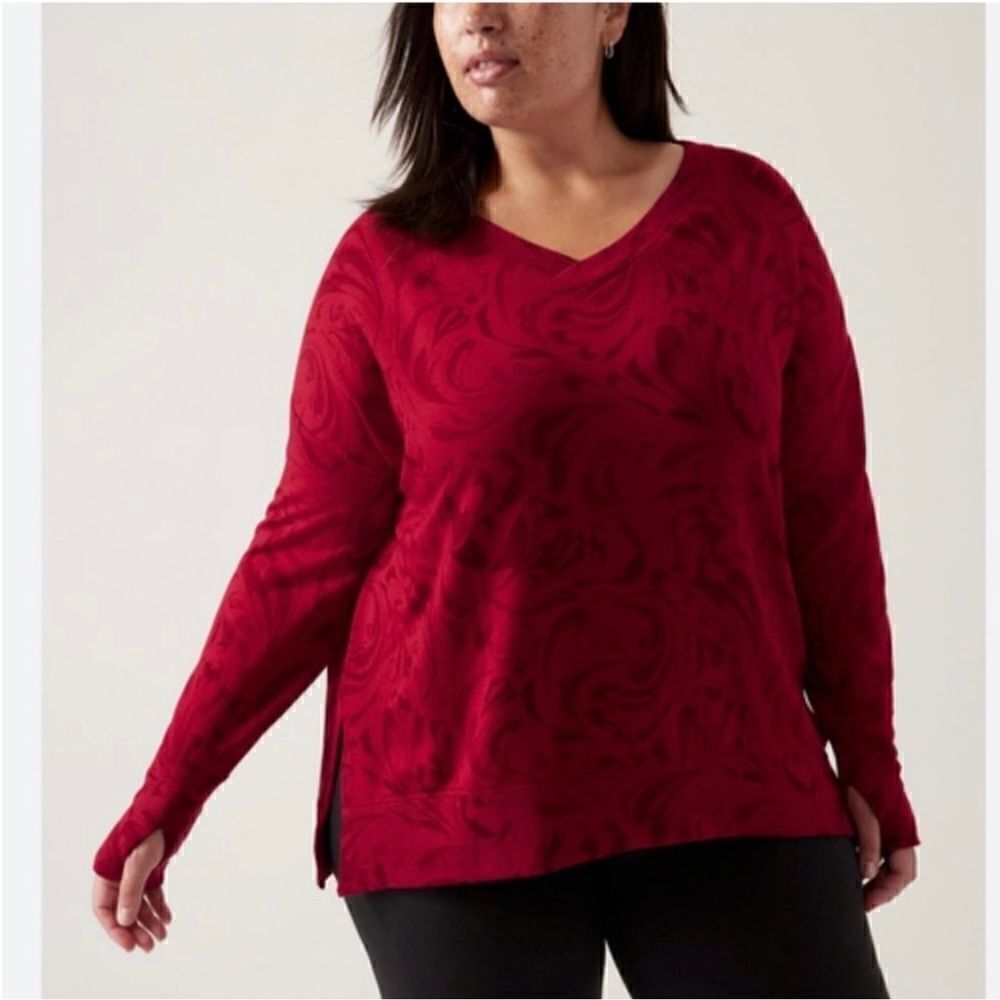 NWT Athleta S top floral red, black fleece lined
